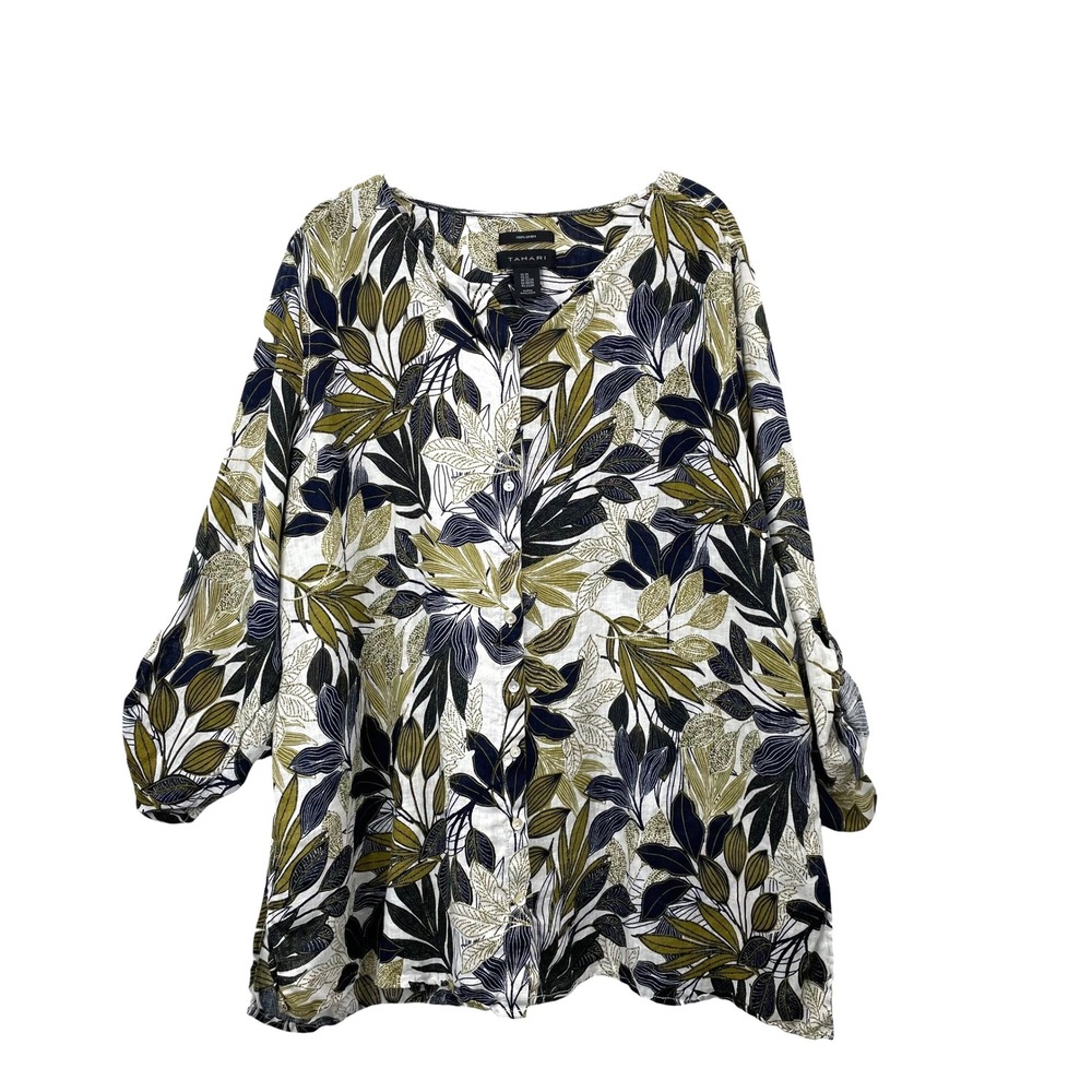 Tahari 100% linen leaves floral print blouse top Size 2X